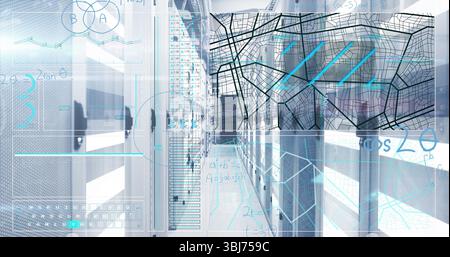 Displaying data center corridor with server racks, cables, projecting holographic overlays Stock Photo