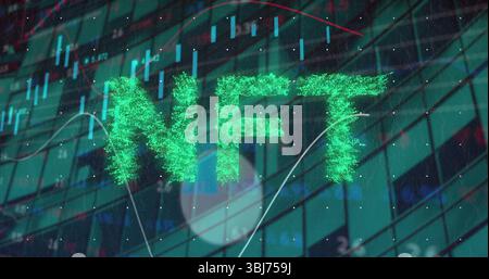 Displaying glowing green NFT text over virtual dashboard, with candlestick chart and line graph Stock Photo