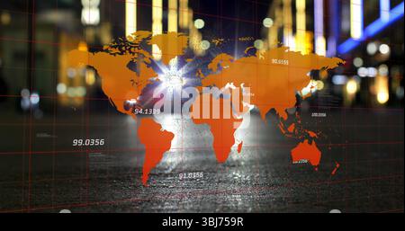 Displaying orange world map overlay on wet nighttime avenue, with red grid lines, numeric labels Stock Photo