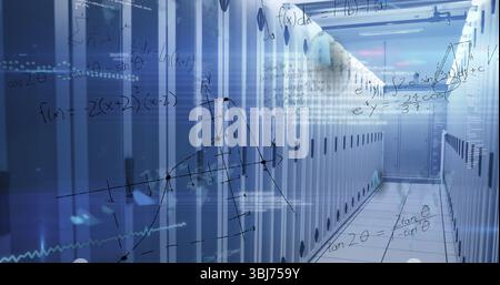 Illuminating data center corridor showing tall server racks and cable panels, with floating code Stock Photo