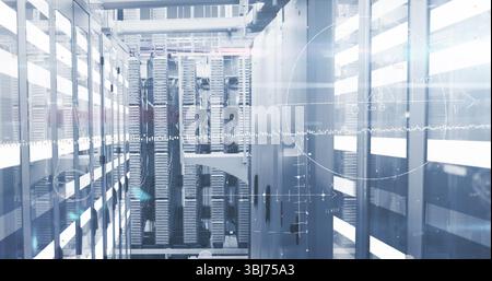 Glowing server rack columns displaying AR waveforms in data center corridor, with cable bundles Stock Photo