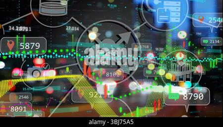 Displaying cloud node sending arrows over blurred night street, showing financial charts and icons Stock Photo