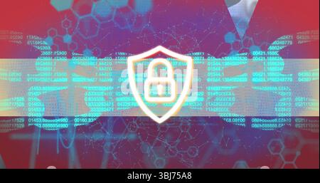 Professional in suit holding tablet revealing shield with padlock in cyber network, streaming code Stock Photo