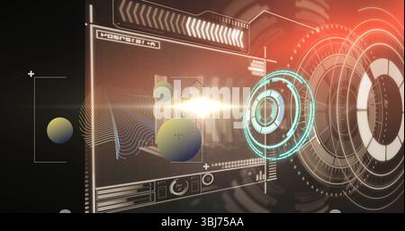 Futuristic digital interface elements glowing in virtual workspace, with grid lines and data bars Stock Photo