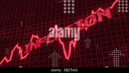 Displaying red jagged line graph morphing into INFLATION on screen, with number grid, ASCII arrows Stock Photo