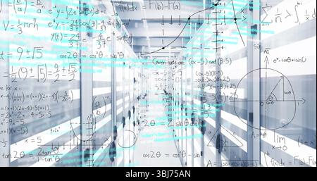 Server rack corridor glowing in data center, displaying network switches, equations and graphs Stock Photo
