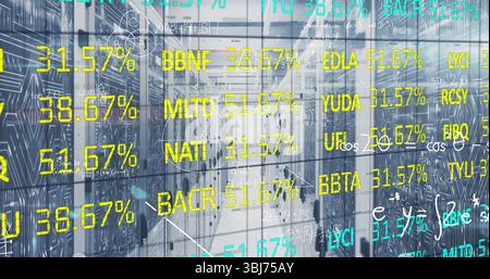 Displaying high-tech data center corridor reflecting floating stock tickers, with server racks Stock Photo