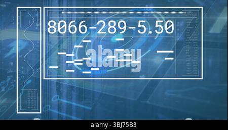 Displaying interface panel over data streams in control room, with numeric display, radar graphic Stock Photo