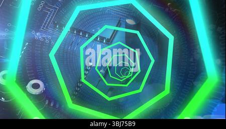 Extending neon green hexagon frames forming tunnel in cyberspace with circuit board, binary overlay Stock Photo