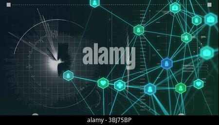 Displaying hexagonal icon nodes flowing data with glowing lines over grid on display, copy space Stock Photo