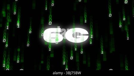Streaming green binary digits cascading across virtual network background, with glowing 6G label Stock Photo