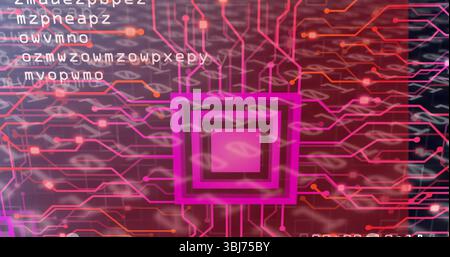 Radiating neon pink chip motif sending glowing circuit lines across screen, with white code overlay Stock Photo