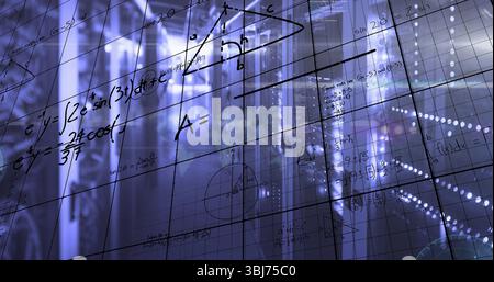 Displaying cluster of server racks featuring LEDs, grid overlay in data center, with math formulas Stock Photo