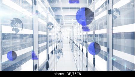 Showing data center corridor featuring floating data nodes, with server racks and network cables Stock Photo