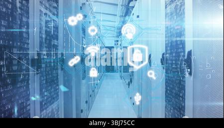 Displaying aisle of server racks with data lights in data center corridor with padlock icons Stock Photo