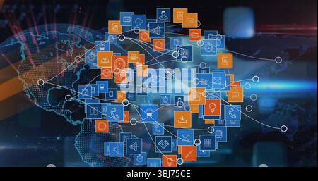 Displaying cluster of cloud, envelope and rocket icons over world map backdrop, showing data flow Stock Photo