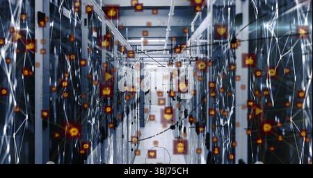 Displaying racks sending data inside data center aisle, with floating social icons on glowing lines Stock Photo