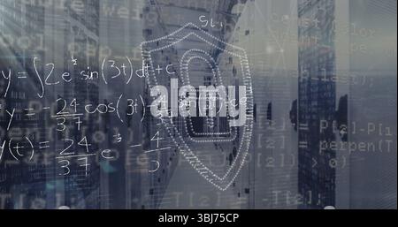 Walking IT technician navigating server rack corridor with floating code and padlock shield overlay Stock Photo