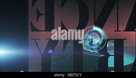 Emitting glowing HUD ring mapping dashed lanes in interface, with block letters and flare light Stock Photo