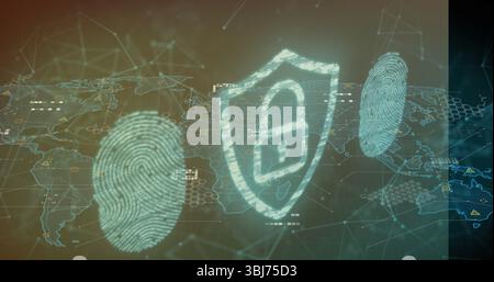 Showing shield icon with padlock glowing in world map interface, with fingerprints and data points Stock Photo