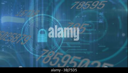 Displaying central padlock icon within HUD ring in data center, with numeric and circuit overlays Stock Photo