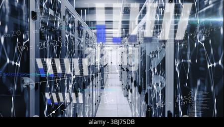 Displaying central data center corridor hosting glowing network diagrams, with server racks Stock Photo