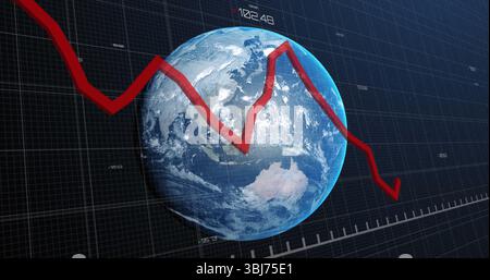 Presenting planet Earth against dark blue grid with red downward trending graph numeric data labels Stock Photo