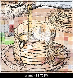 This detailed pencil sketch captures a mouthwatering stack of pancakes with maple syrup being poured from above, creating a beautiful drizzle effect. Stock Vector
