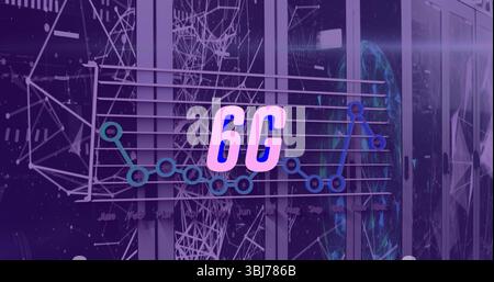Displaying 6G graphic over line chart in data center aisle, with server racks, network visuals Stock Photo