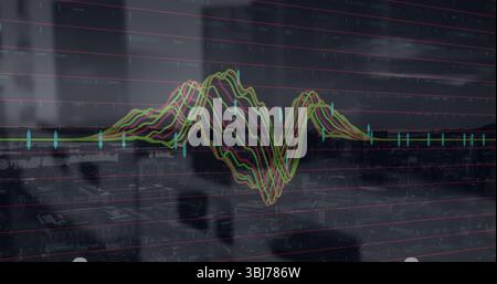 Displaying waveform chart over city skyline in office, with business silhouettes and gridlines Stock Photo