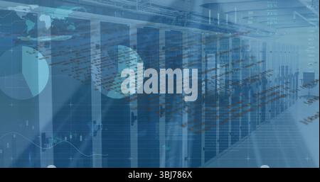 Displaying server racks streaming live analytics in data center aisle, with digital overlay charts Stock Photo