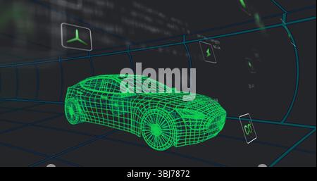 Displaying neon green wireframe sedan model in dark grid chamber, with floating digital CO? panels Stock Photo