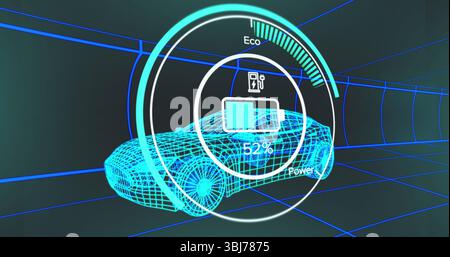 Rendering neon blue wireframe car driving through grid tunnel, showing 52% battery icon and Eco arc Stock Photo