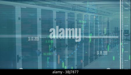 Displaying central server cabinets and cable trays in data center corridor, with data overlays Stock Photo
