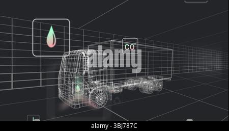 Displaying wireframe semi truck trailer in grid simulation, with floating fuel drop and CO2 icons Stock Photo