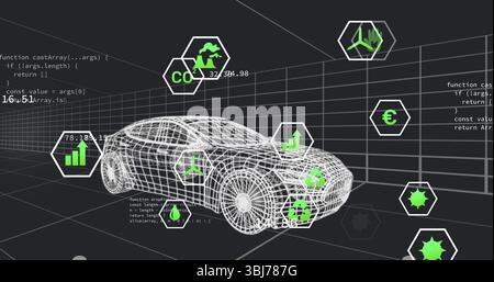 Displaying wireframe car model rotating in grid in virtual studio, showing floating hex icons, code Stock Photo
