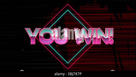 Displaying neon YOU WIN text over retro synthwave gaming interface, glowing cyan magenta diamond Stock Photo