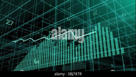 Displaying turquoise 3D bar chart in grid space, with glowing white line graph and numeric labels Stock Photo