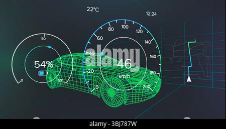Displaying green wireframe car hovering in virtual grid space, with instrument cluster overlays Stock Photo