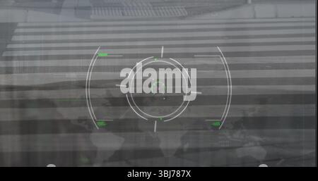 Displaying central HUD reticle hovering above urban crosswalk interface, with world map projection Stock Photo