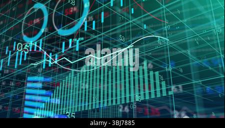 Displaying teal bar chart in dashboard showing numeric grid overlays, fluctuating line graph, rings Stock Photo