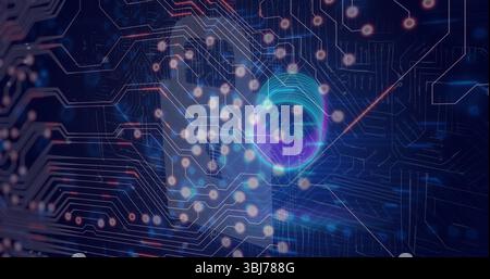 Displaying holographic fingerprint and padlock icon merging with circuitry in network, neon lines Stock Photo