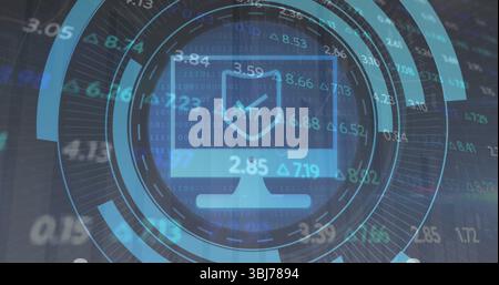 Displaying monitor icon radiating HUD rings in cyber UI, with shield checkmark and numeric data Stock Photo