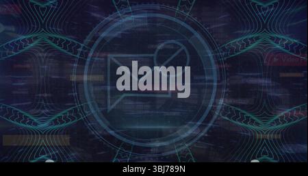 Displaying envelope icon showing notification badge on dashboard, with code and neon waveforms Stock Photo