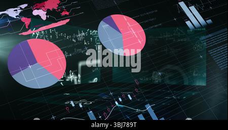Displaying dashboard on grid, showing pie charts world map heatmap candlestick-bar charts equations Stock Photo