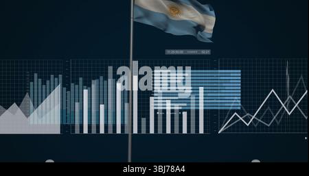 Displaying Argentina flag on flagpole centered on dashboard, showing charts and timestamp Stock Photo