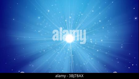 Radiating beams, bright white light burst shining in abstract scene, with blue gradient backdrop Stock Photo