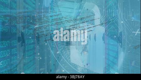 Translucent padlock floating in server rack corridor, with binary code overlays and circuit lines Stock Photo