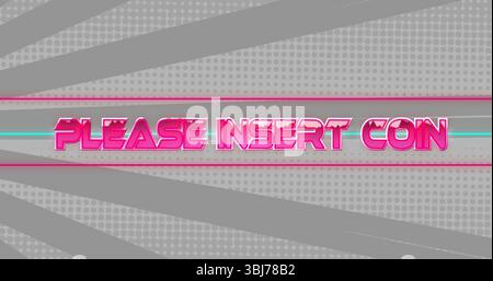 Displaying neon pink PLEASE INSERT COIN text on retro arcade interface, with turquoise line Stock Photo