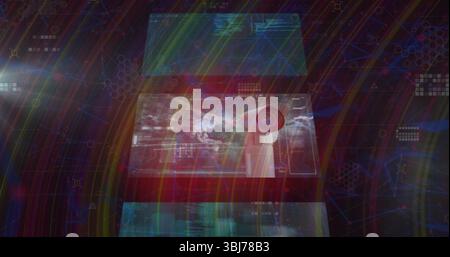 Displaying central translucent interface panel on dashboard with world map 3D turbine, hex grid Stock Photo